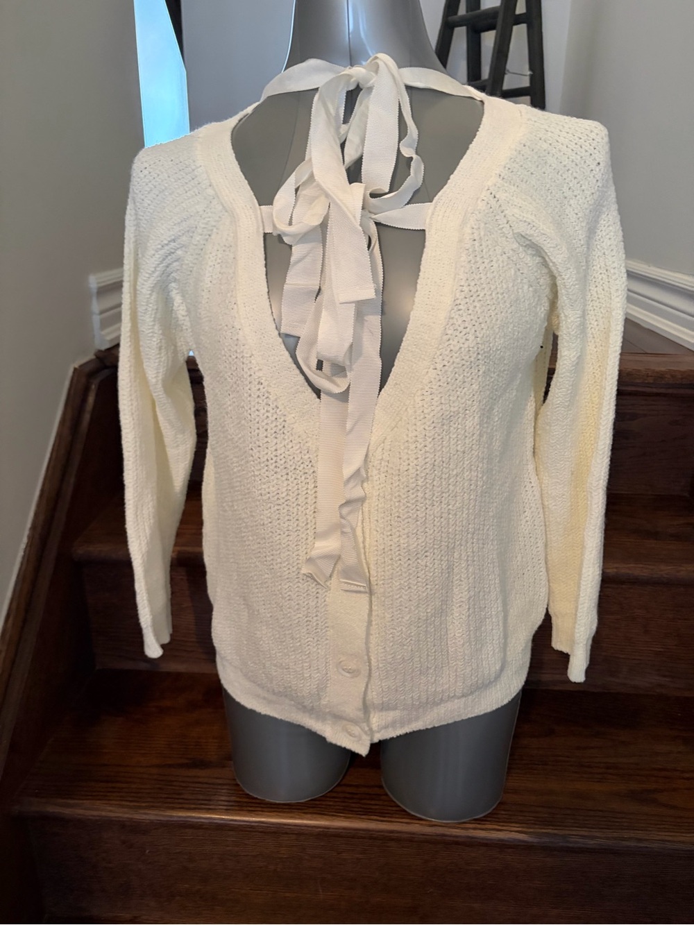 V-Neck White Tie-Front Knit Sweater